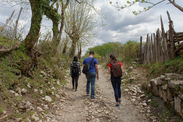 Travelers travel on the road in mountains go trekking Countryside, village, Clouds
