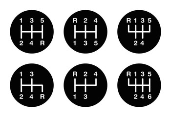 Six different gear stick shift patterns. Positions for the gear lever, also called gearshift or shifter. Five-speed and six-speed patterns on a knob. Black and white illustration over white. Vector.