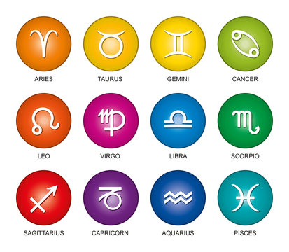 Astrological signs of the zodiac in rainbow colored gradients. Twelve circles with star sign symbols in bright colors and their English names. Isolated illustration on white background. Vector.
