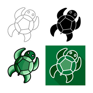 Sea turtle icon, Vector flat long shadow design.Lines turtle.Black turtle. Green turtle