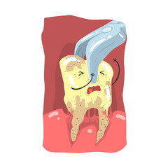 Cartoon tooth character extraction by dental pliers vector Illustration