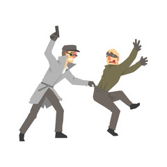Fototapeta na wymiar Detective character with gun detaining suspect, private investigator, inspector or police officer vector Illustration
