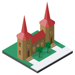 Castle and trees in isometric view.