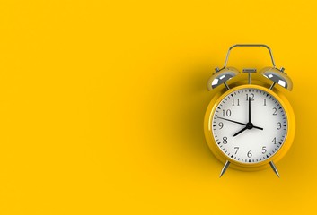 Alarm clock on yellow background, 3D rendering