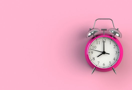 Alarm clock on pink background, 3D rendering
