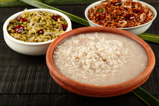 Delicious South Indian rice porridge Known as kanji served with stir fry beans..