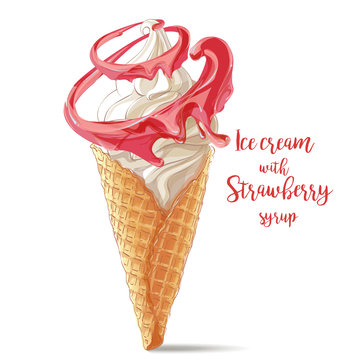 Vector ice cream in waffle cone with strawberry spiral