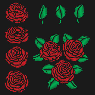 Red roses and leaves embroidery set on black background. Isolated elements. Vector illustration