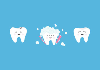 Healthy smiling tooth icon set. Crying bad ill teeth with caries. Toothbrush with toothpaste bubble foam. Before after concept. Cute character. Oral dental hygiene. Baby background. Flat design.