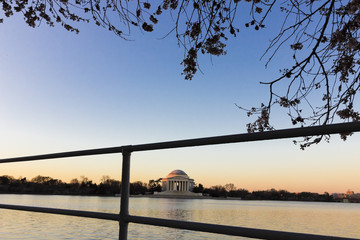 Artistic view of the historic Thomas Jefferson Memorial from across the Tidal Basin at sunrise, West Potomac Park, Washington DC