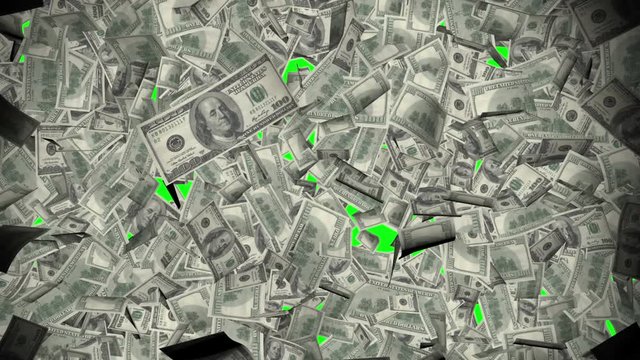 Animation graphic US dollar banknote texture pattern flying in chroma key green screen background pattern in financial and wealthy concept in 4k 