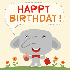 Happy birthday! Funny elephant with birthday cake and gift. Birthday card with little elephant in cartoon style for child birthday.