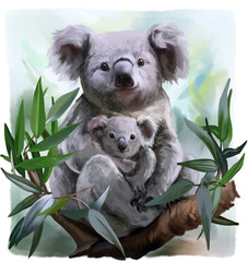 Koala and her baby watercolor painting