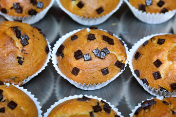 Muffins with chocolate closeup