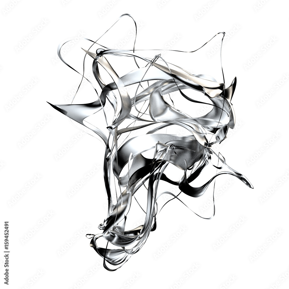 Poster 3d moving liquid shape. silver abstraction flying on wind and develops in different directions. post