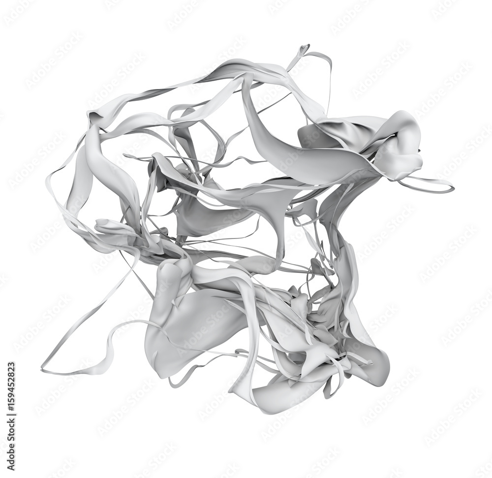 Poster 3d moving liquid shape. white abstraction flying on wind and develops in different directions. poste