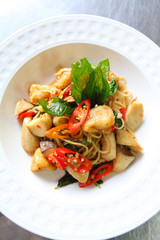 Close Up of Thai Spicy Spaghetti with basil
