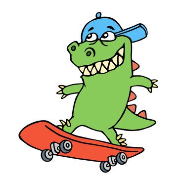Dolly cartoon dragon in a cap rides on a skateboard. Vector illustration.