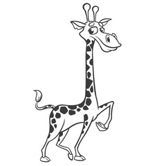 Coloring pages. Animals. Cartoon of a little cute giraffe stands and smiles. Outlined line art. Vector illustration