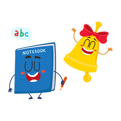 Cute, funny smiling bell and notebook characters, back to school concept, cartoon vector illustration isolated on white background. Happy school bell and notebook characters, mascots with human faces