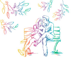 Romantic  couple on a bench in the park. Sketchy style.
