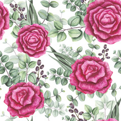 Panele Szklane Podświetlane  Jednolity wzór akwarelowych bukietów z różami, jagodami i jasnozielonymi liśćmi
