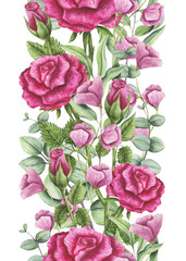 Panele Szklane Podświetlane  Bezszwowa granica akwarelowych róż i jasnoróżowych kwiatów