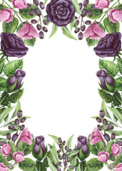 Floral Frame with Watercolor Violet Roses and Green Herbs
