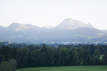 Naklejka premium A View of La Gruyère in Switzerland on a Summer Evening