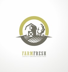 Farm fresh locally grown products. Promotional logo design idea with barn and tree.