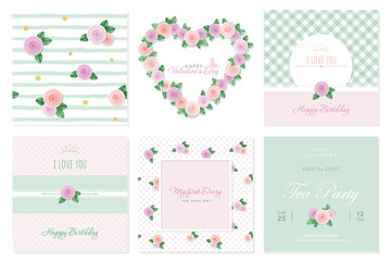 Floral card templates set. Birthday, valentines, wedding, baby shower, notebook cover. Patterns and frames.
