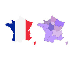 Vector France map with colorful regions, borders and flag. Isolated on white.