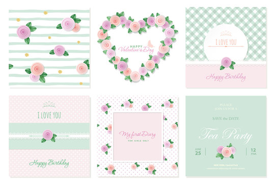 Floral card templates set. Birthday, valentines, wedding, baby shower, notebook cover. Patterns and frames.