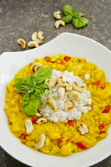 Teller mit Currygericht und Reis mit Cashewkernen