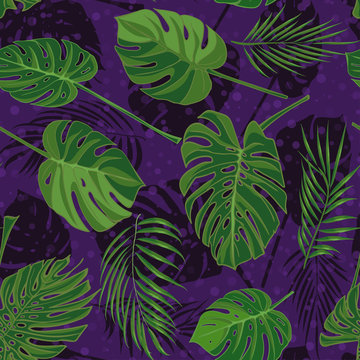 Seamless hand drawn tropical pattern with palm leaves, jungle exotic leaf on dark background