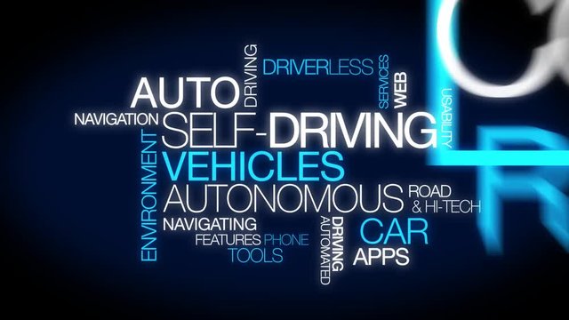 Self-driving vehicles autonomous car driverless auto robotic car automated technology words tag cloud white text blue background 