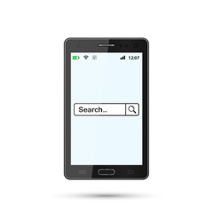 Search page on realistic mobile phone screen illustration. Search in web browser. Vector