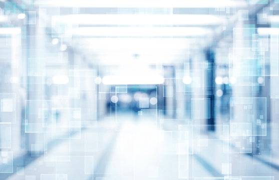 abstract defocused blurred technology space background, empty business corridor or shopping mall. Medical and hospital corridor defocused background with modern laboratory (clinic)