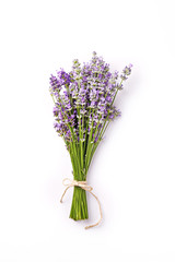 Lavender flower bouquet on a white background. Top view