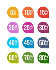 Sale off colored badges tag discount symbol retail sticker sign price pack