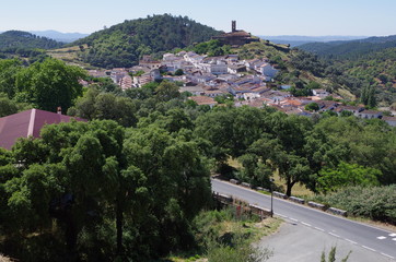 Overview of Almonaster village in Huelva. Andalucia, Spain