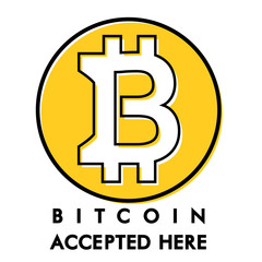 Warning yellow circle sticker accepts bitcoin