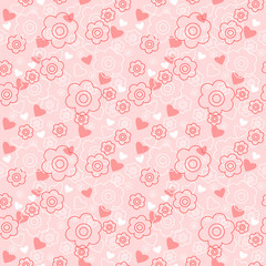 Seamless floral pattern with hearts on a pink background