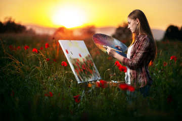 Fine art artist. En plein air. Painting in the landscape. Female artist working on painting. Plein...
