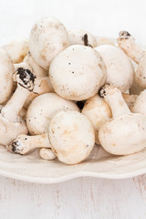fresh mushrooms in white plate on wooden background