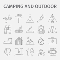 Outdoor recreation. Outdoor activity. Adventure recreation. Tourism. Thin line icon set. Vector illustration.