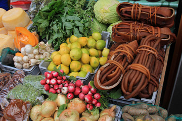 Seaweed and vegetables on the market in Ancud, Chiloe Island, Chile, South America