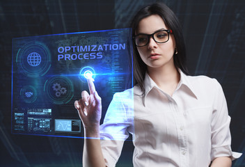 The concept of business, technology, the Internet and the network. A young entrepreneur working on a virtual screen of the future and sees the inscription: Optimization process
