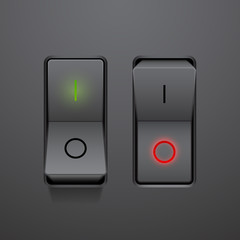 Set of realistic black toggle switches in on and off positions, vector button illustration