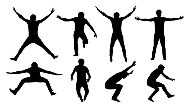 Set of black vector silhouettes of jumping or falling man isolated on white background